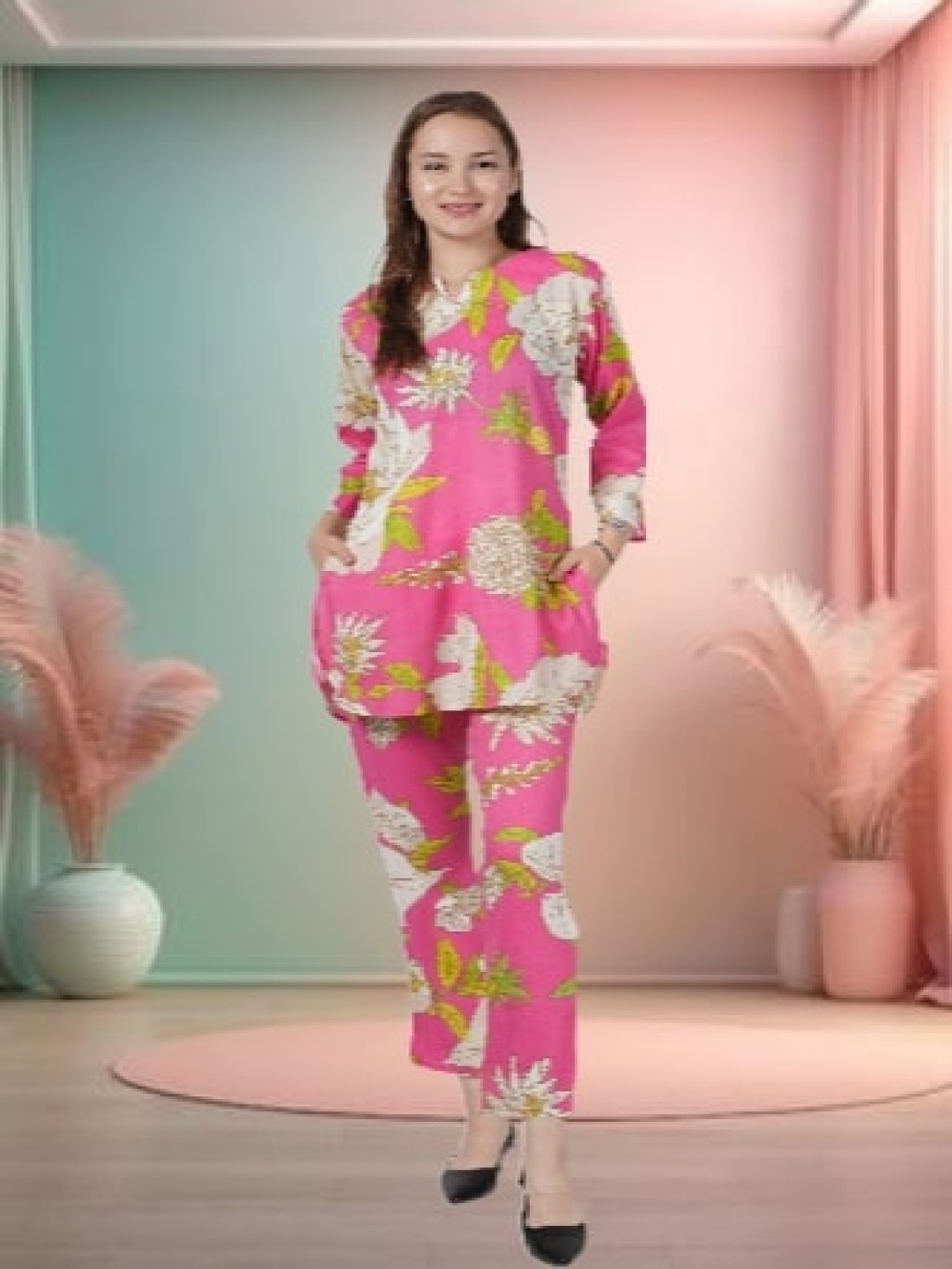 

NEYSA Floral Printed Notch Neck Pure Cotton Tunic With Trouser, Pink