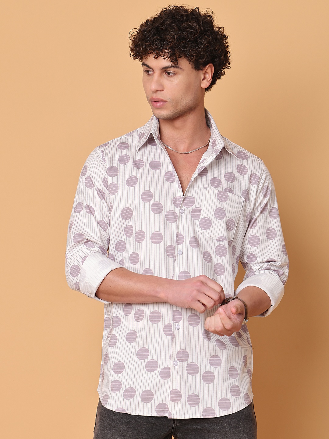 

Tanip Men Spread Collar Geometric Printed Cotton Casual Shirt, White