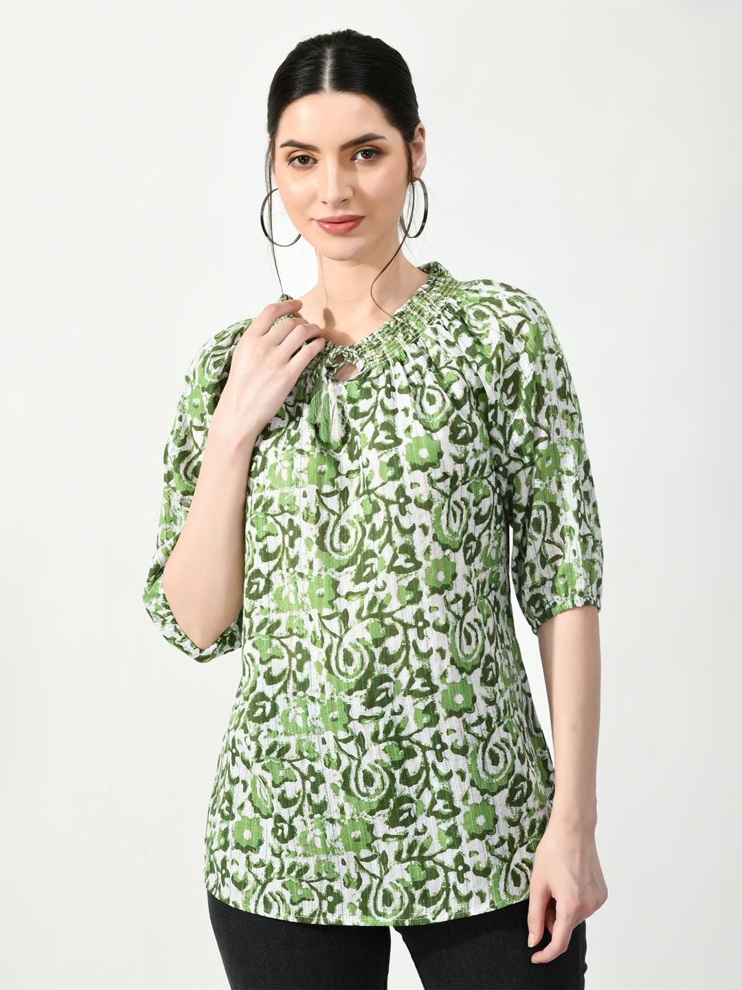 

VAAMII Tie-Up Neck Floral Printed Cotton Top, Green