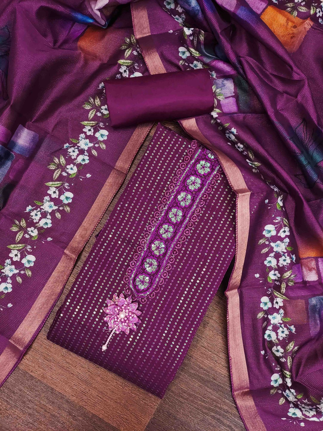 

Blissta Floral Embellished Unstitched Dress Material, Purple