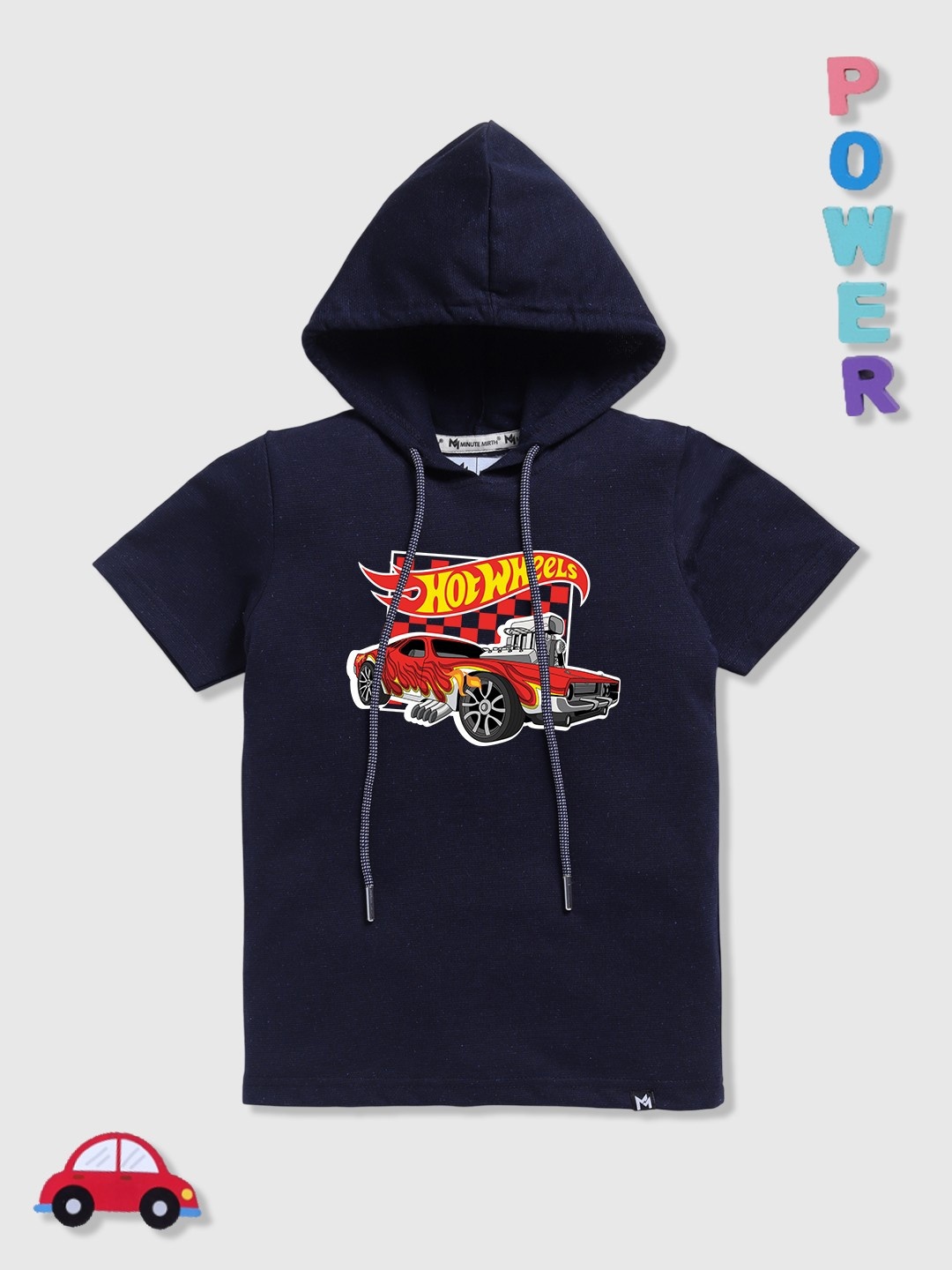 

YK X Minute Mirth Boys Hot Wheels Graphic Printed Hooded T-shirt, Navy blue