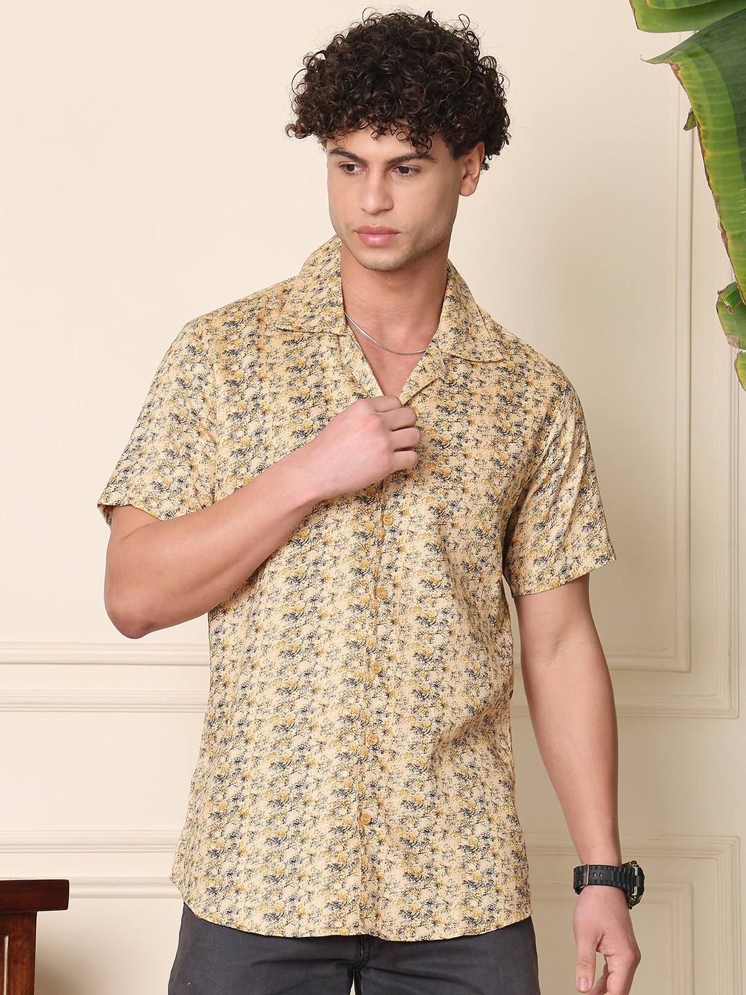 

Tanip Men Cuban Collar Abstract Printed Cotton Casual Shirt, Yellow