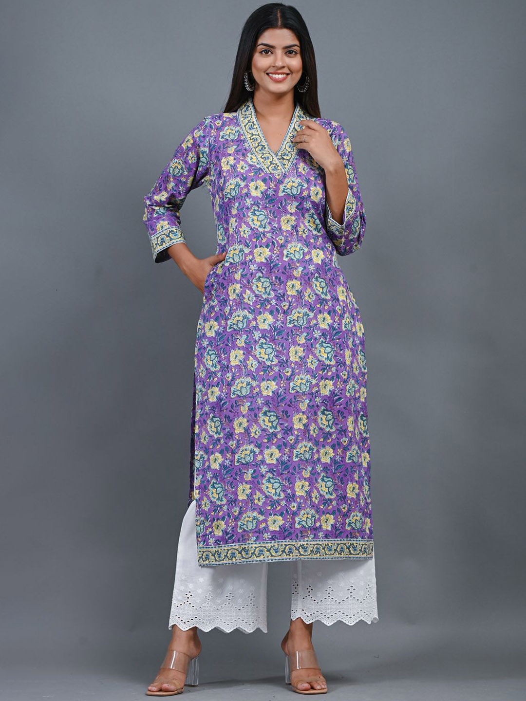 

Anootha Floral Printed V-Neck Block Printed Cotton Straight Kurta, Purple