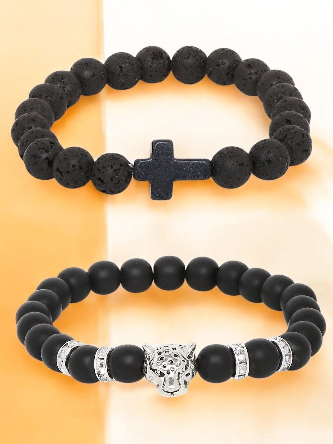 

fabula Men Set of 2 Beaded Animal & Cross Design Wraparound Bracelet, Black
