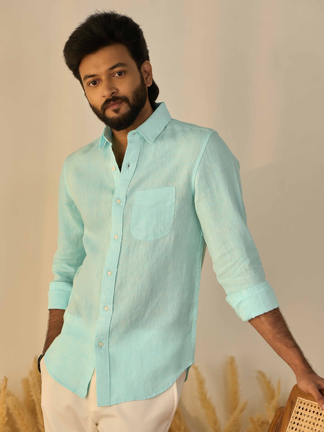 

PINK SUPPLY Men Classic Fit Spread Collar Solid Linen Casual Shirt, Turquoise blue