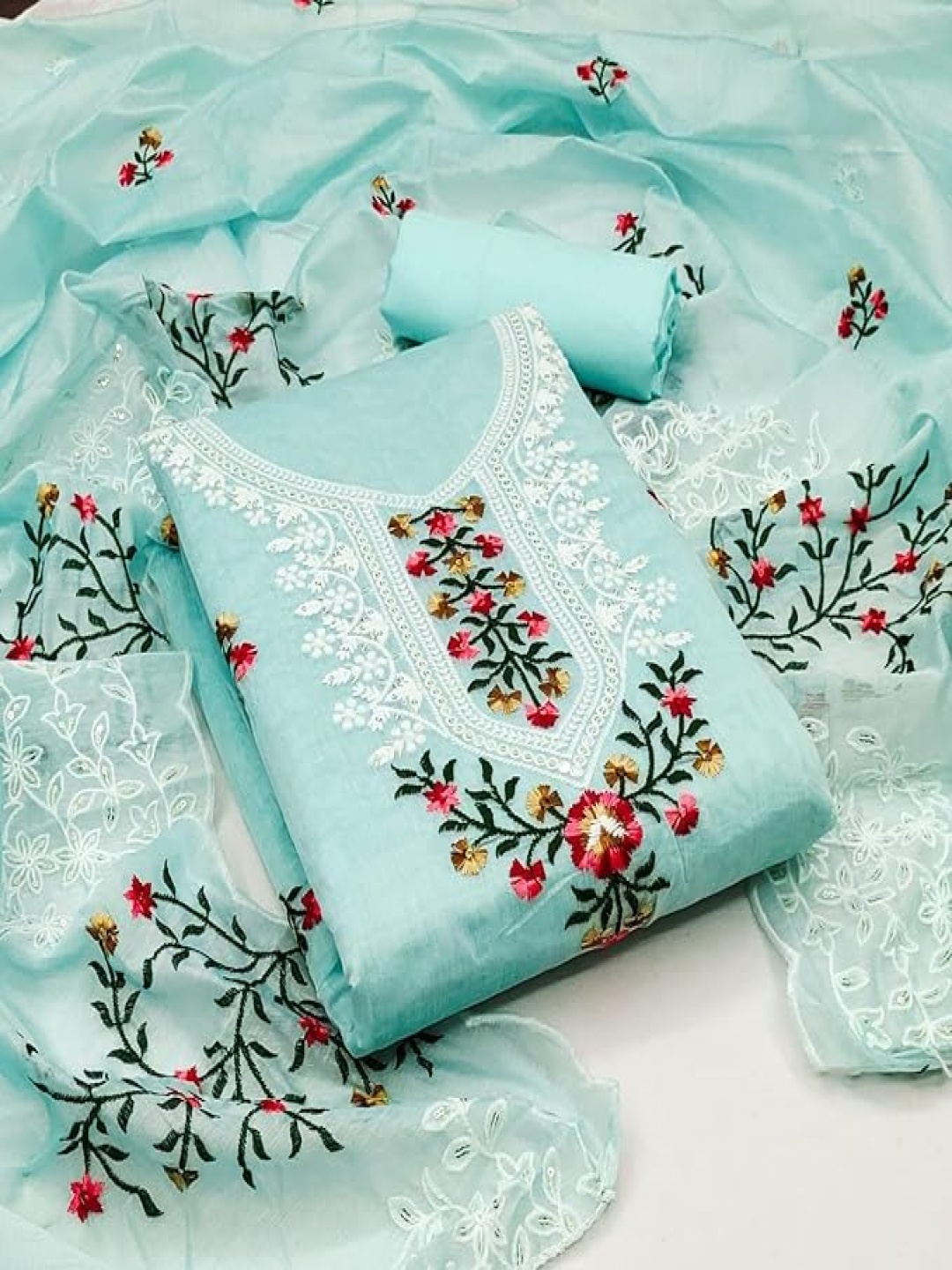 

SWARNGANGA TEX Floral Embroidered Unstitched Dress Material, Blue
