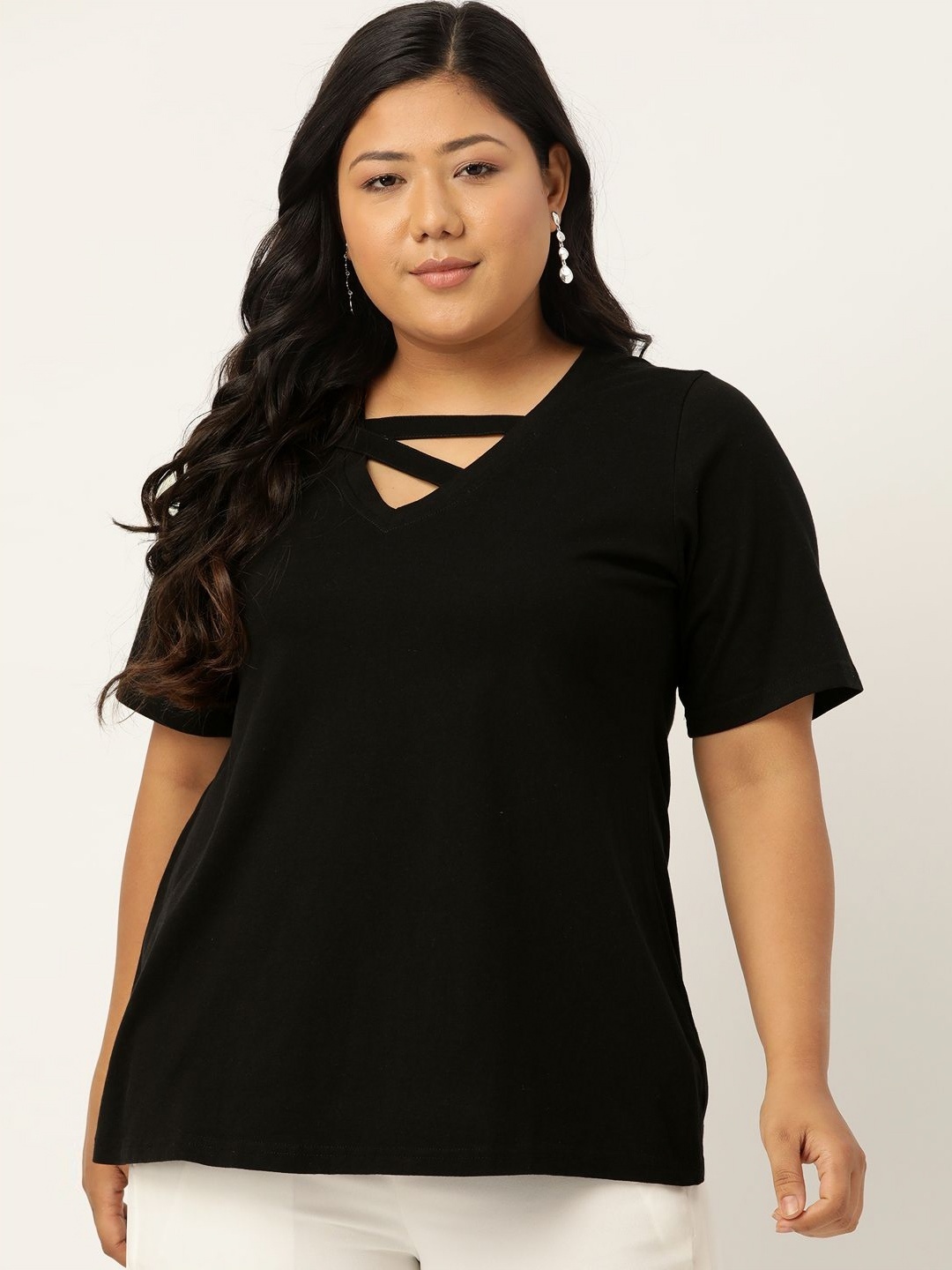 

theRebelinme Women V-Neck Cut Outs T-shirt, Black