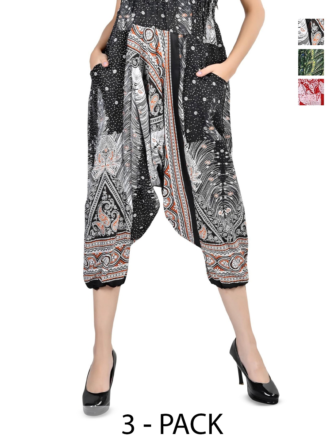 

NarNari Women Pack Of 3 Ethnic Motifs Printed Mid-Rise Harem Pants, Black