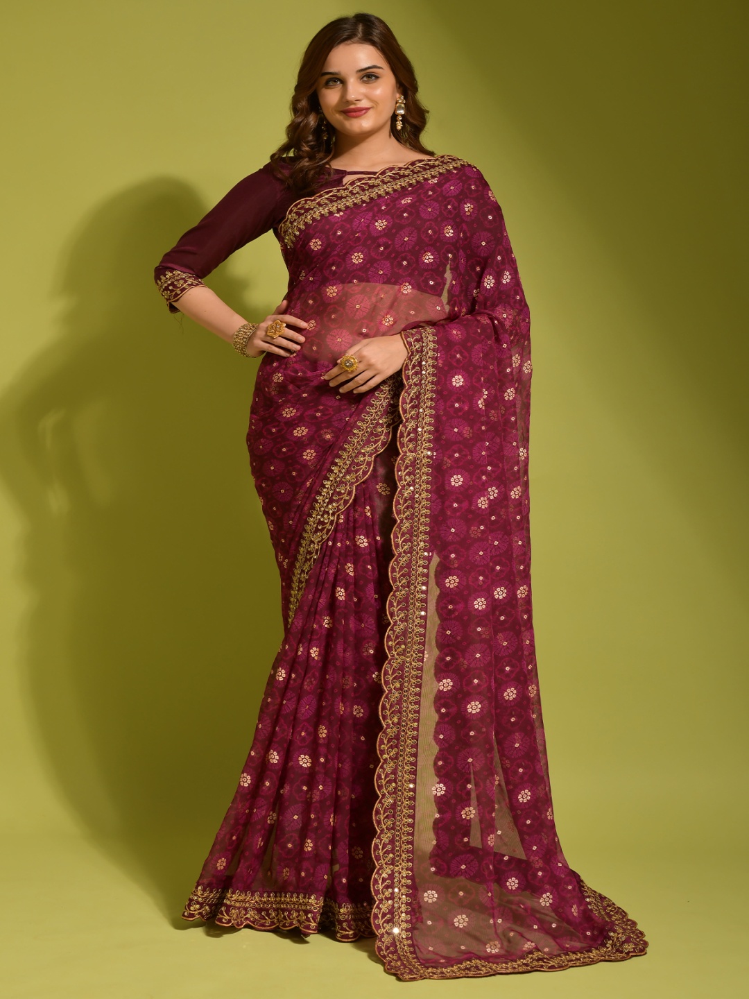 

Moda Rapido Embellished Sequinned Poly Georgette Bandhani Saree, Purple