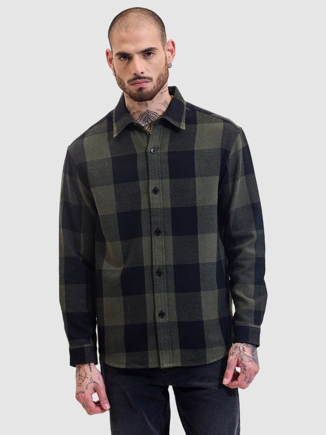 

Snitch Men Classic Relaxed Fit Spread Collar Checked Cotton Casual Shirt, Olive