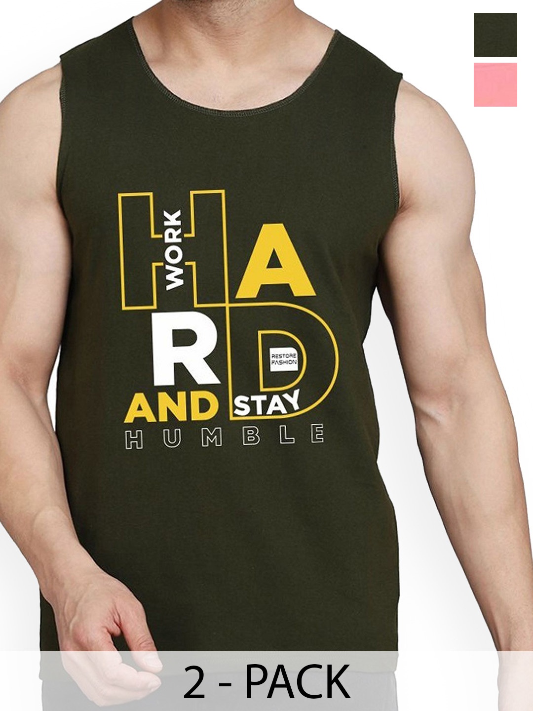 

WOOSTRO Men Pack of 2 Printed Cotton Innerwear Vests RS26 CMB (MORE PEACH) (HARD OLIVE)
