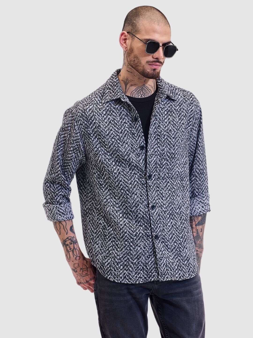 

Snitch Men Relaxed Slim Fit Spread Collar Abstract Printed Casual Shirt, Black