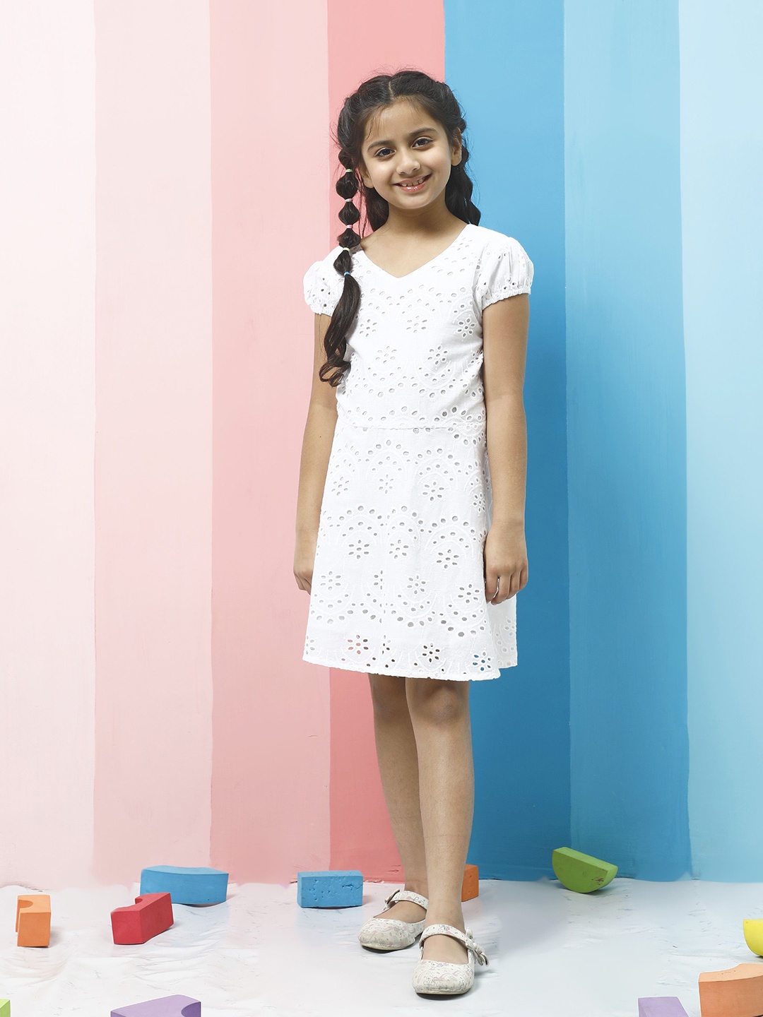 

Athena Girl Puff Sleeve Fit & Flare Dress, White