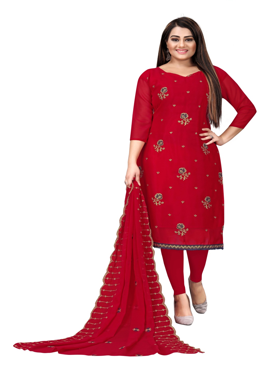 

HERE&NOW Embellished Silk Georgette Unstitched Dress Material, Red