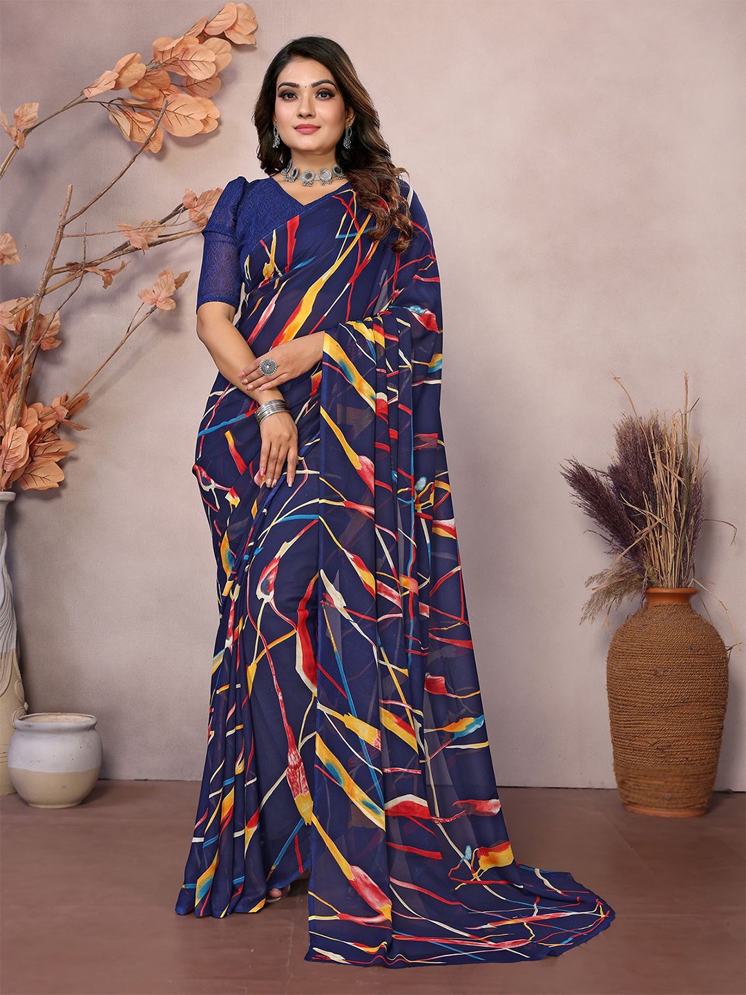 

Moda Rapido Abstract Printed Saree With Blouse Piece, Blue