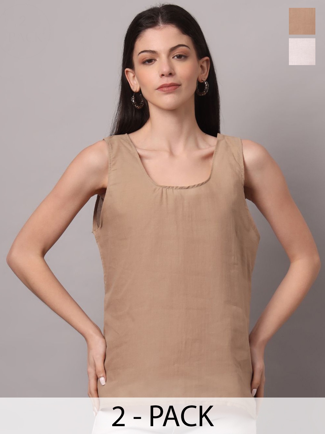 

PARAMOUNT CHIKAN Pack of 2 Cotton Round Neck Longline Side Slits Slips, Beige