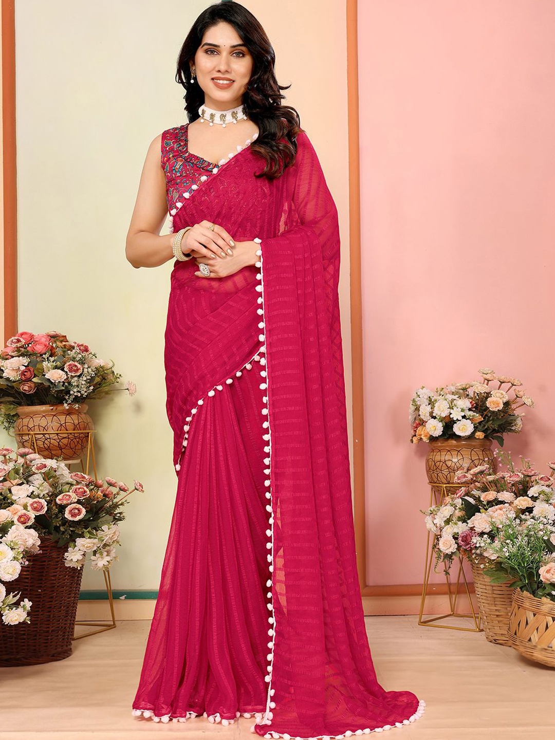 

Mitera Striped Saree With Unstitched Blouse Piece, Pink