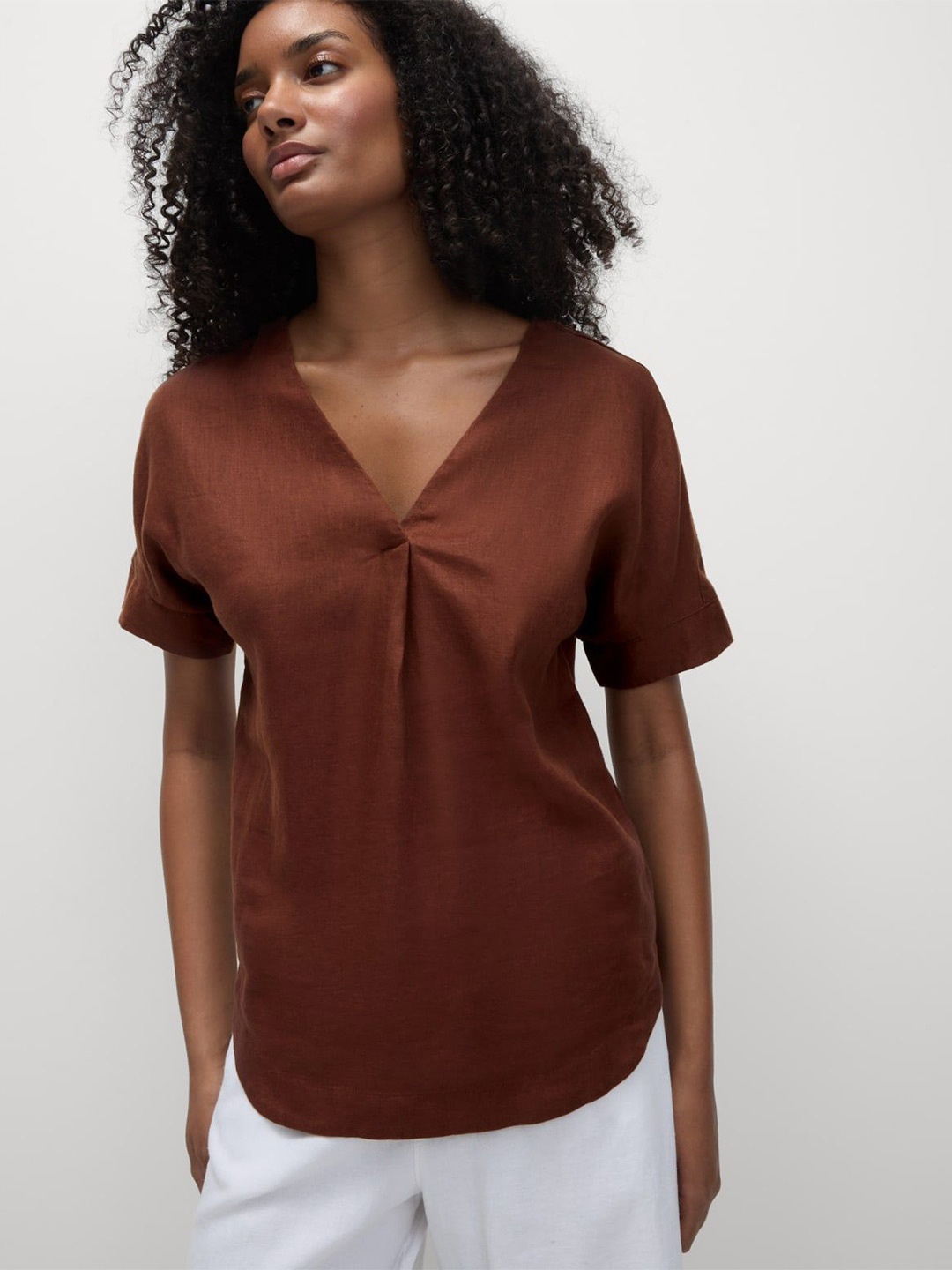 

Marks & Spencer Roll-Up Sleeves Linen Shirt Style Top, Brown