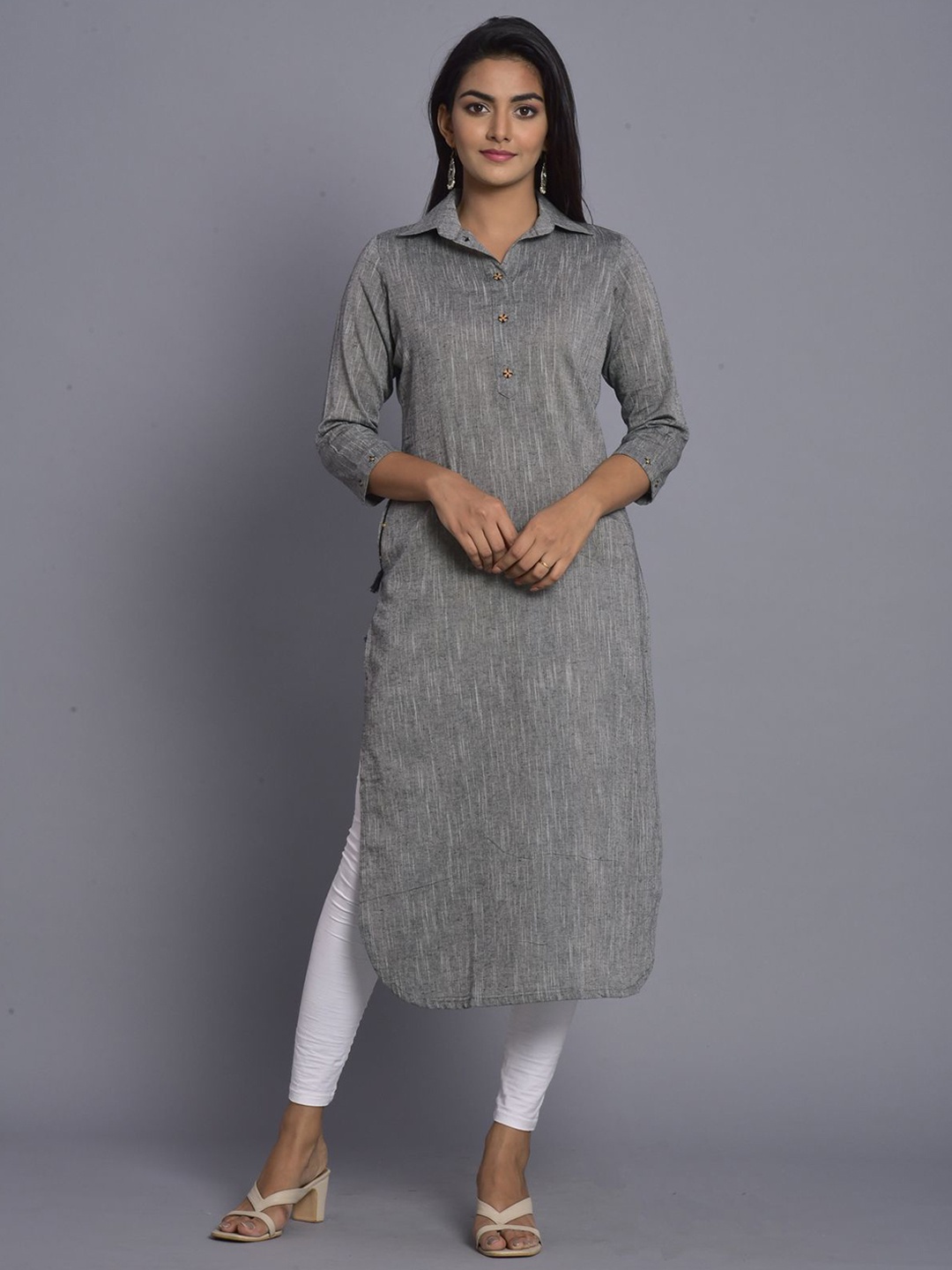 

Anootha Shirt Collar Cotton Straight Kurta, Grey