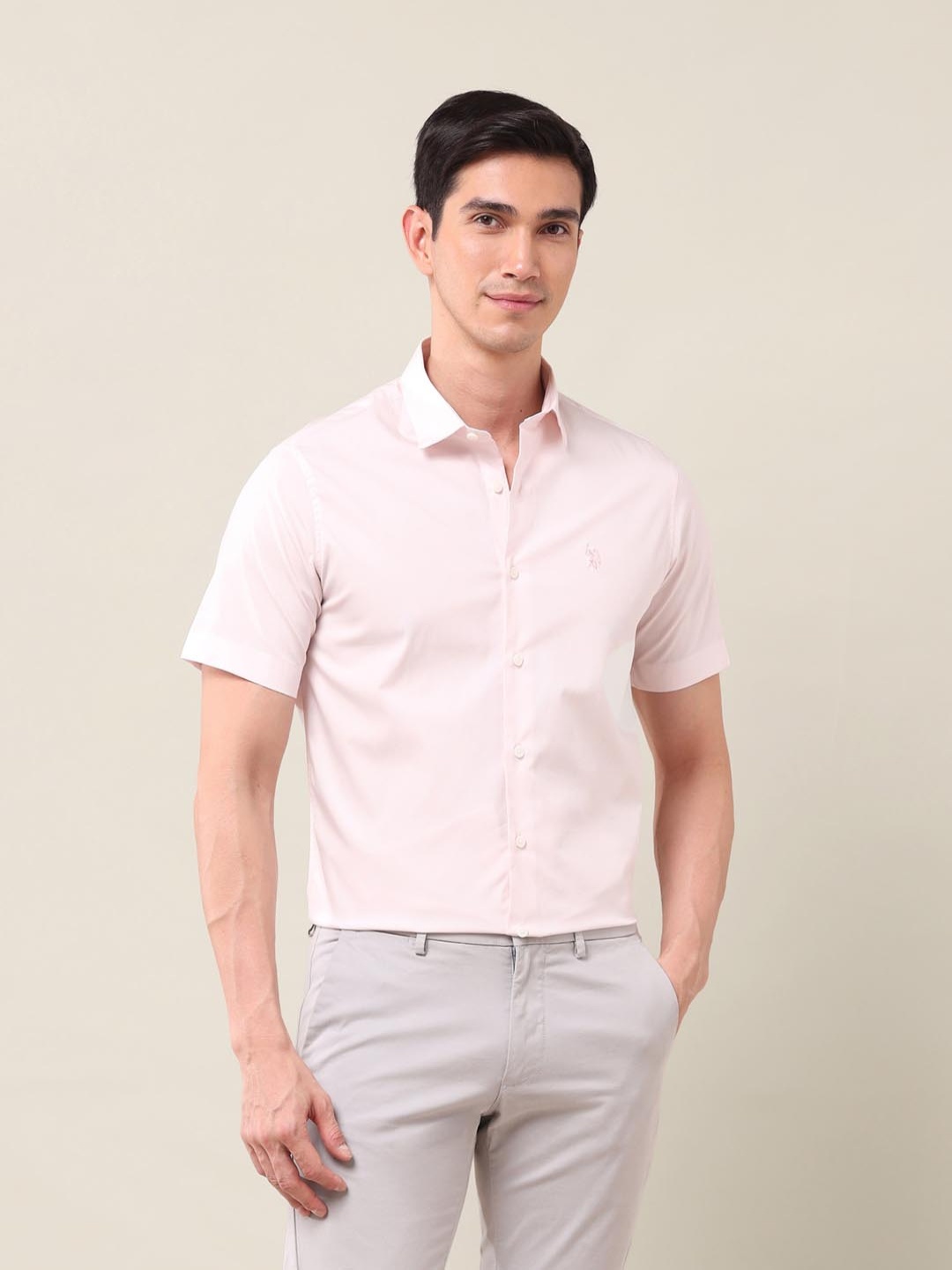 

U.S. Polo Assn. Men Classic Slim Fit Spread Collar Solid Cotton Casual Shirt, Pink