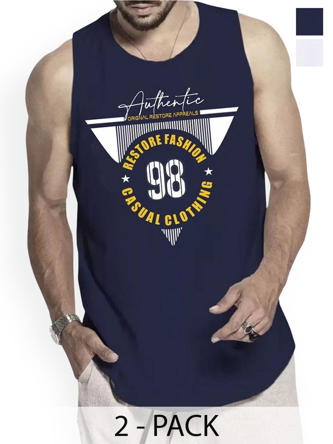 

Woostro Pack Of 2 Printed Cotton Gym Innerwear Vests, Navy blue