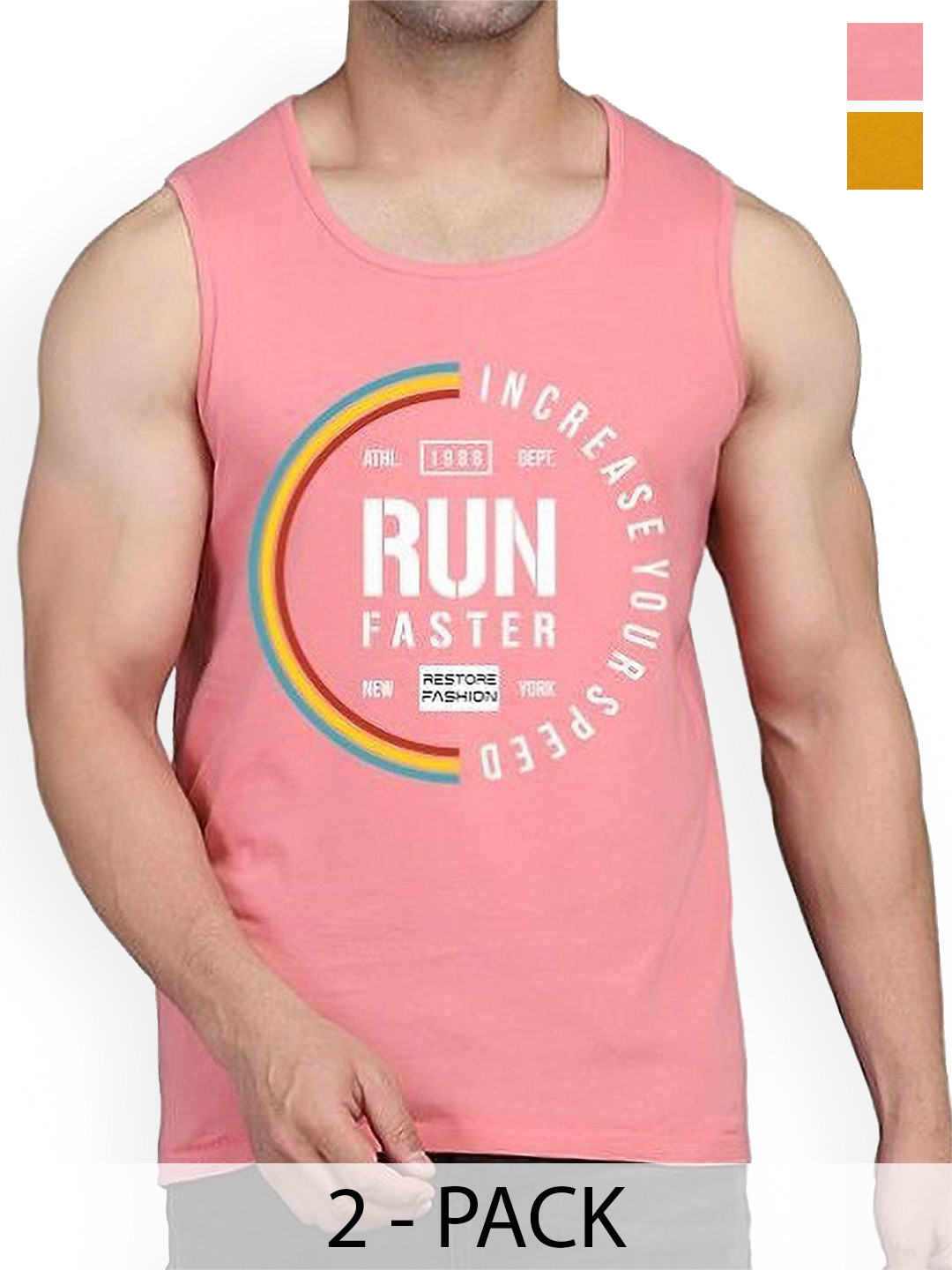 

Woostro Men Pack Of 2 Printed Sleeveless Cotton Gym Innerwear Vests, Peach