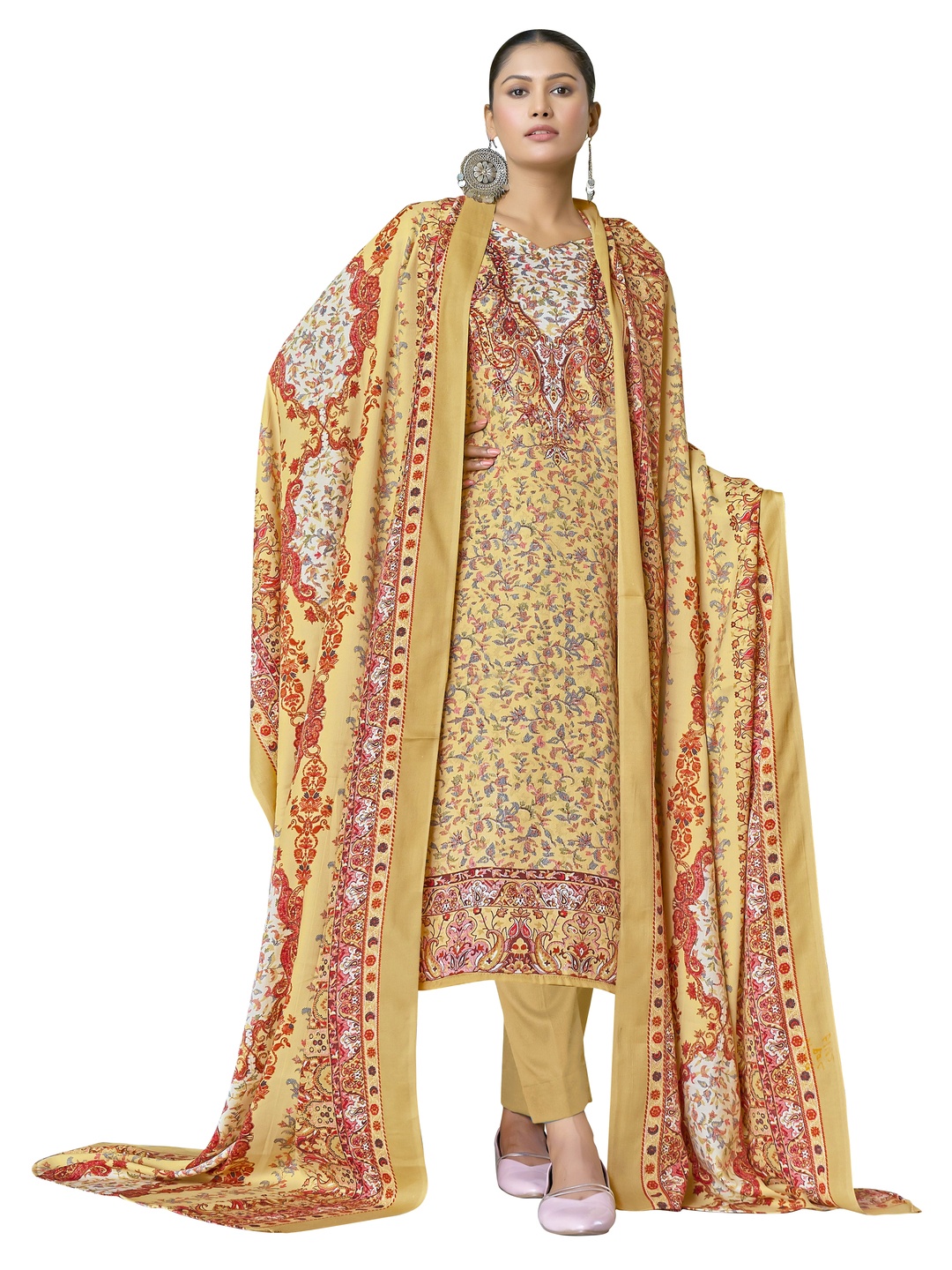 

DRAVINAM Floral Printed Pashmina Unstitched Dress Material, Beige