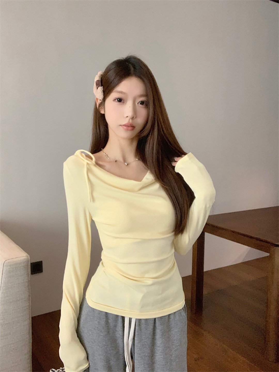 

StyleCast x Revolte Solid Long Sleeves Cowl Neck Fitted Top, Yellow