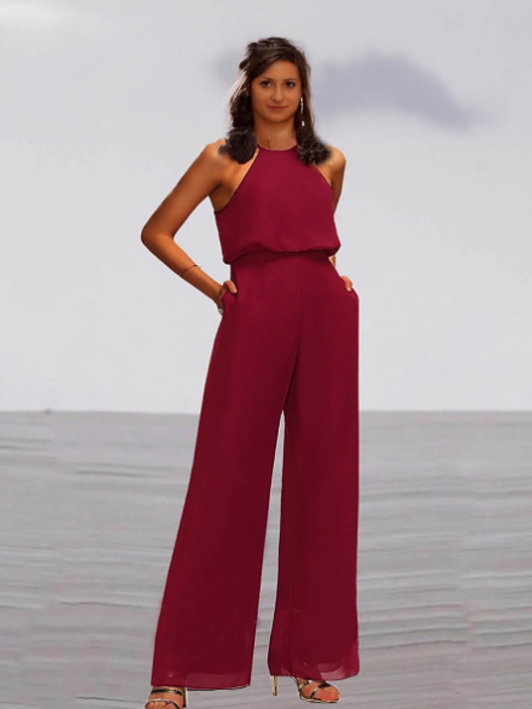 

StyleCast Halter Neck Solid Jumpsuit, Maroon