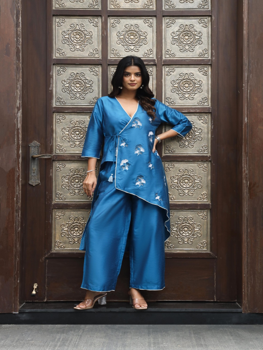 

CRAFTED FOR YOU Embroidered V-Neck Tunic With Palazzos, Blue