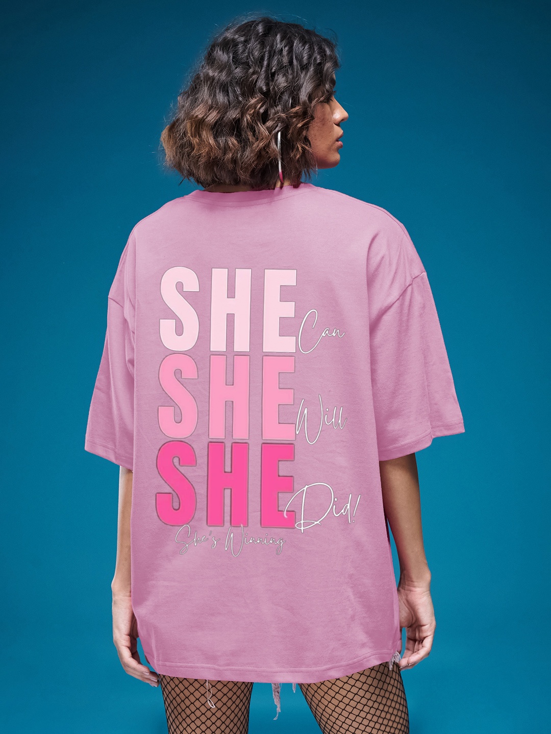 

SMARTEES Women Typography Printed Round Neck Cotton Oversized T-shirt, Pink