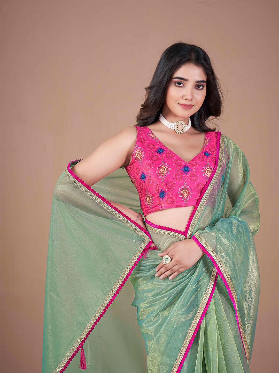 

Ethnielle Embroidered Saree, Sea green