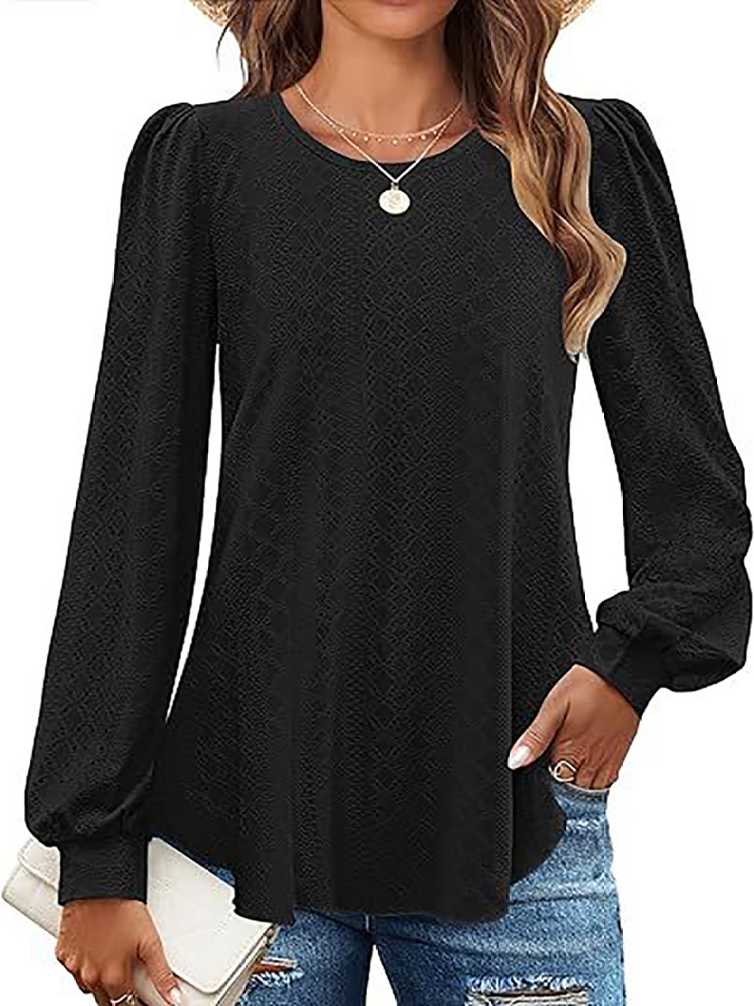 

StyleCast x Revolte Schiffli Embroidered Cuffed Sleeves Longline Top, Black