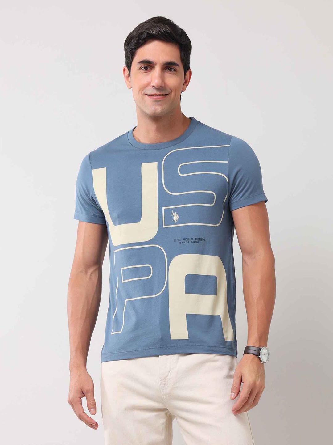 

U.S. Polo Assn. Denim Co. Men Typography Printed Round Neck Cotton Slim Fit T-shirt, Blue