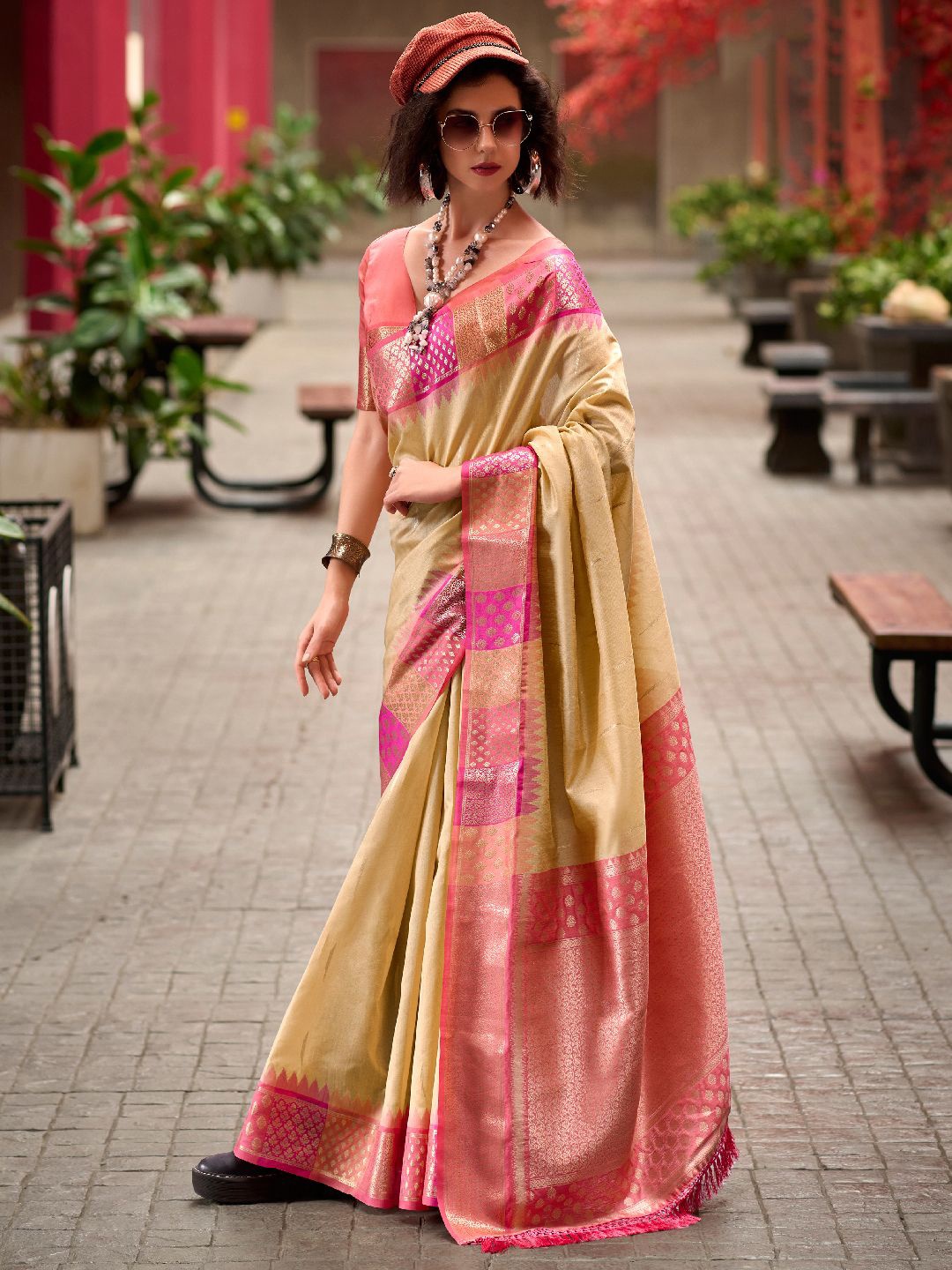 

Panzora Woven Design Zari Silk Blend Banarasi Saree, Beige