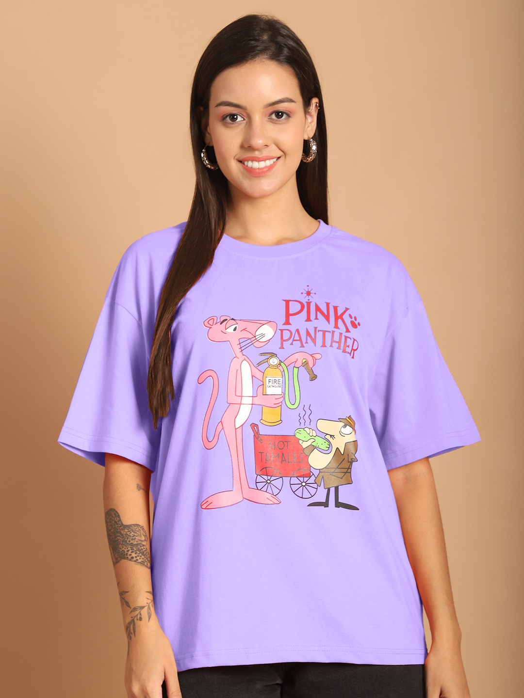 

Dreambe Women Graphic Printed Round Neck Cotton Oversized T-shirt, Lavender