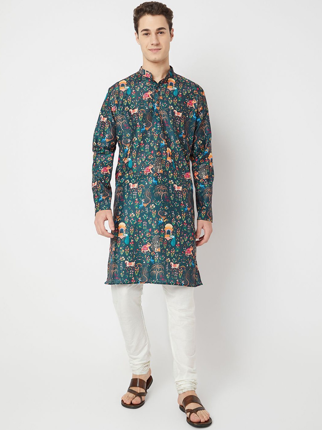 

BELLAZO Ethnic Motifs Printed Mandarin Collar Kurta, Green