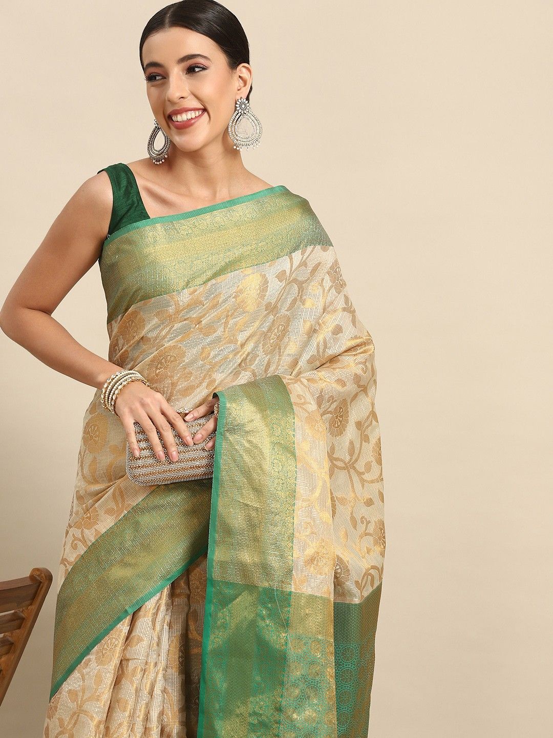 

KALINI Woven Design Zari Tissue Mysore Silk Saree, Cream