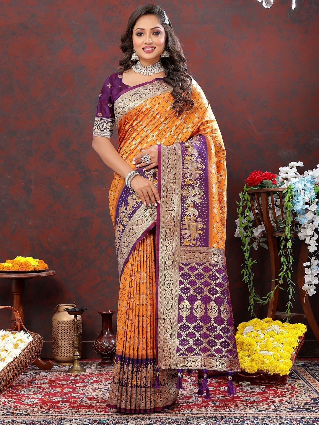 

bansari textiles Woven Design Zari Paithani Saree, Orange
