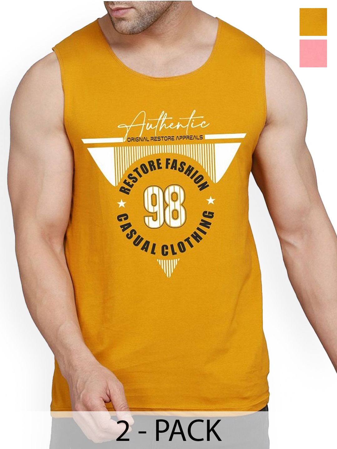 

WOOSTRO Men Pack Of 2 Printed Combed Cotton Gym Vest, Peach