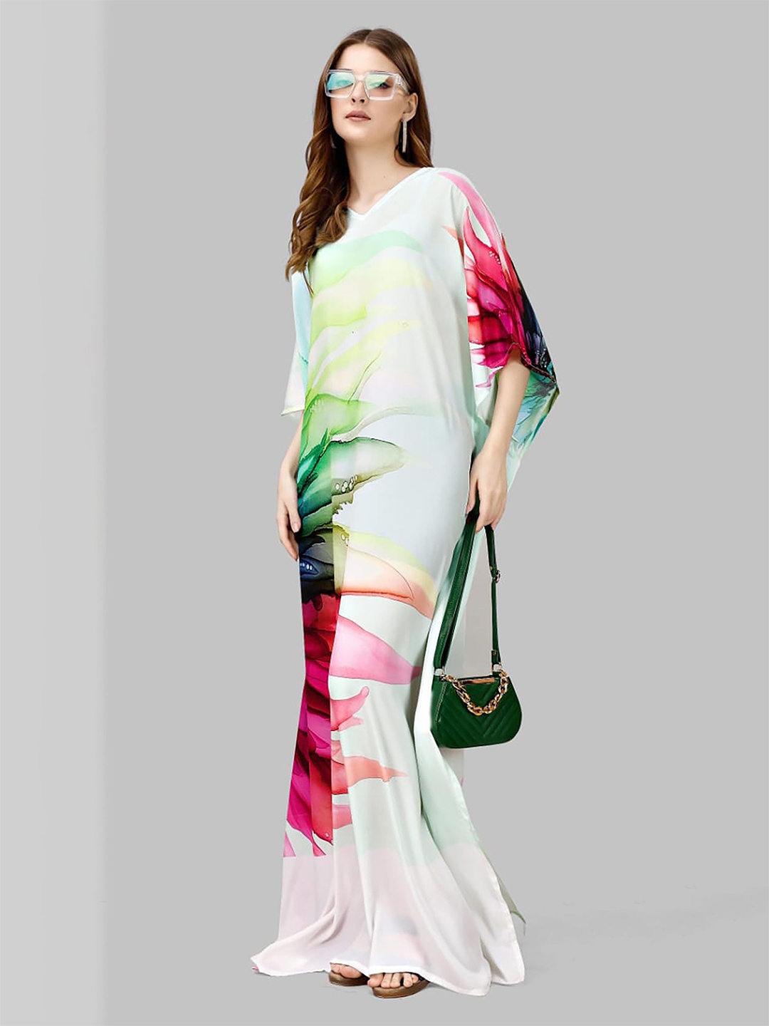 

KWEEN Floral Print Cape Sleeve Satin Maxi Dress, Multi