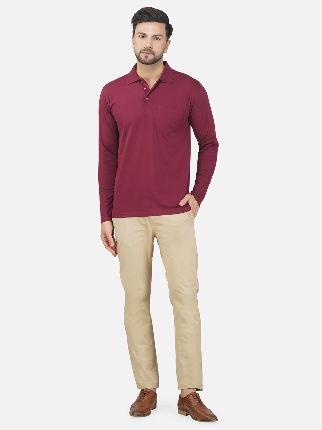 

ALARM Men Solid Polo Collar Cotton Slim Fit T-shirt, Maroon