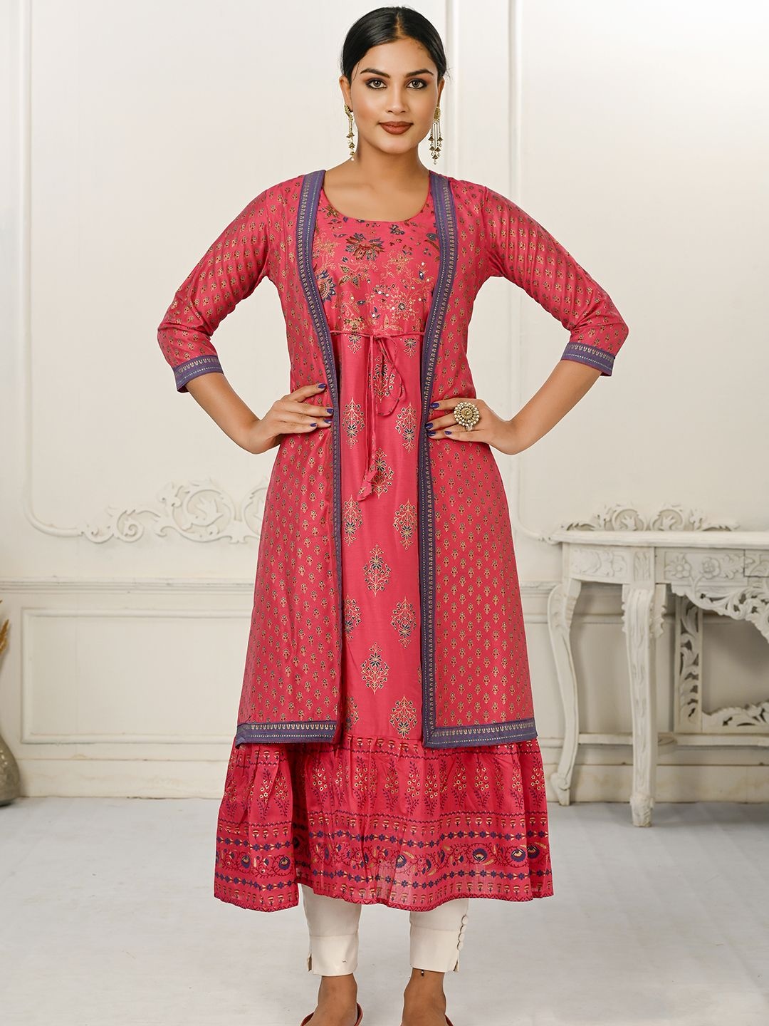 

Krimmple Ethnic Motifs Printed Anarkali Sequins Kurta, Red