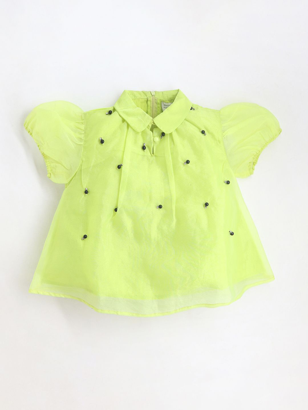 

Cherry Crumble Girls Peter Pan Collar Puff Sleeve Crop Top, Lime green