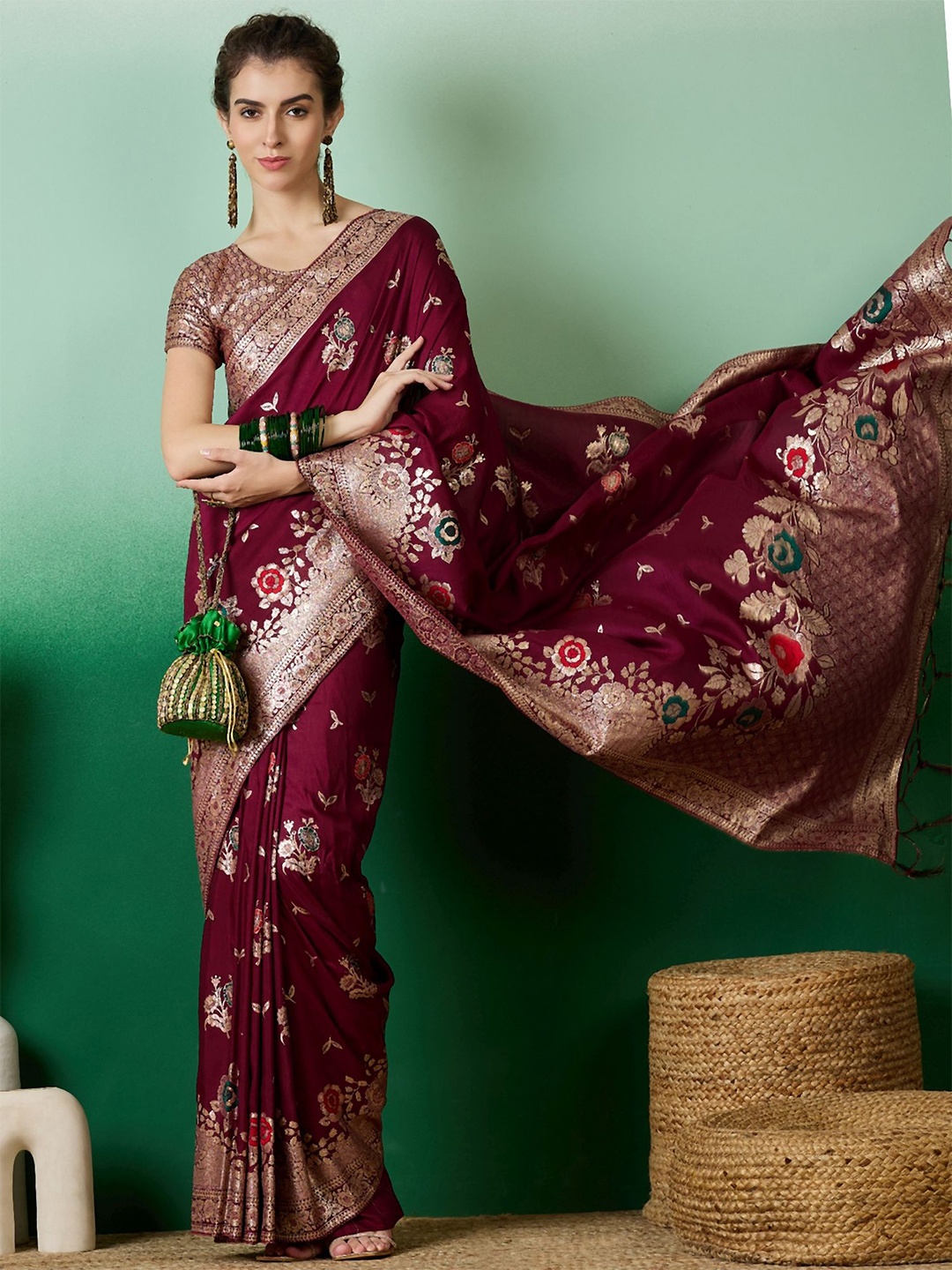 

DEVATITHI Woven Design Zari Burgundy Staple Dola Jacquard Saree
