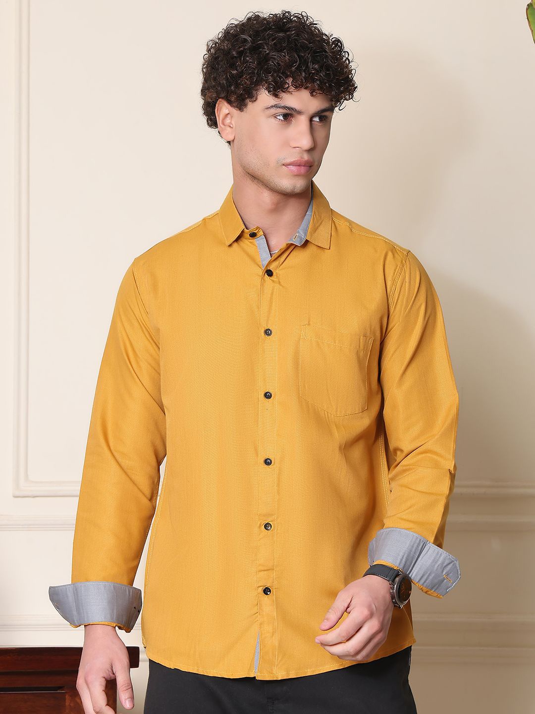 

Tanip Men Spread Collar Solid Cotton Casual Shirt, Mustard