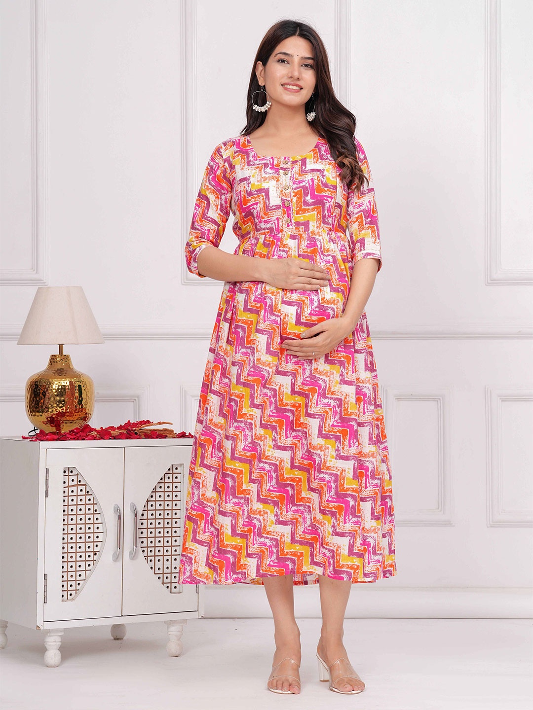 

FEMARY Women Chevron Printed Maternity Fit and Flare Cotton Midi Dress, Pink