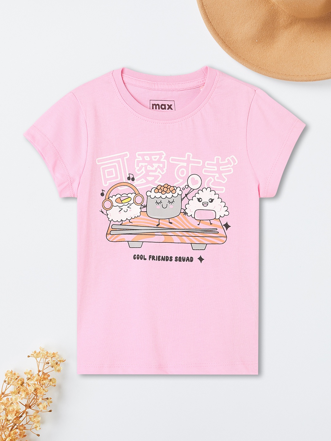 

max Girls Graphic Printed Round Neck Cotton T-shirt, Pink