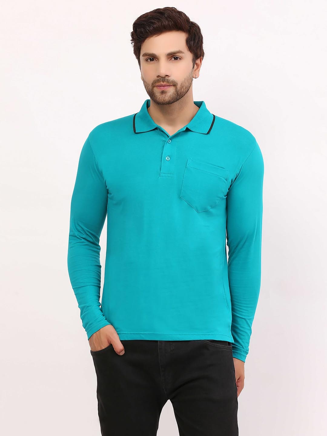 

ALARM Men Solid Polo Collar Cotton Slim Fit T-shirt, Teal