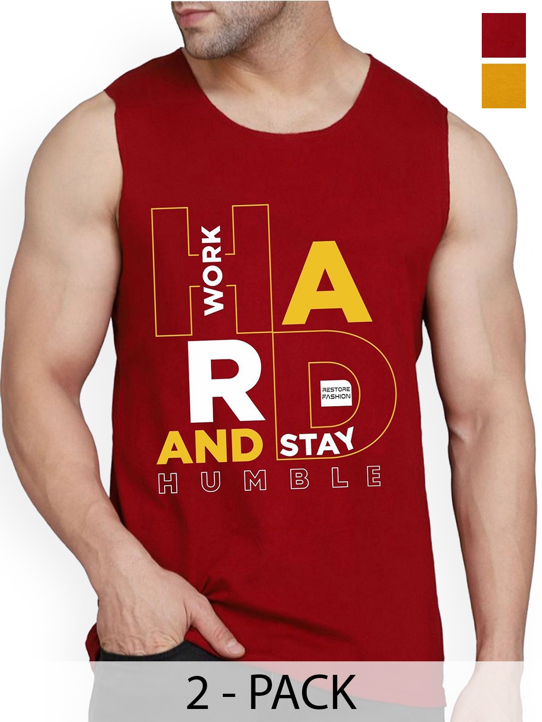 

WOOSTRO Pack Of 2 Printed Combed Cotton Gym Vest, Maroon